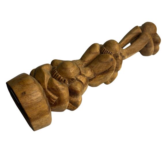 Vintage Hand Carved Wooden Weeping Buddha Totem Sculpture Triple Yogi 12 Inches - Picture 5 of 10